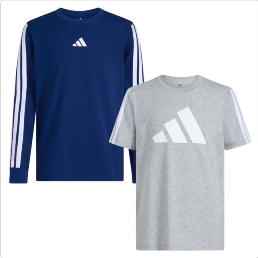 2-Pack Adidas Youth Navy Long Sleeve & Gray Tee 100% Cotton